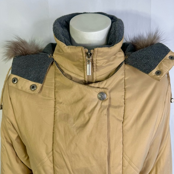 FEMINELLA BROWN PARKA COAT LONG WINTER TAN COAT FUR TRIM ON HOODIE SIZE SMALL - Picture 7 of 13